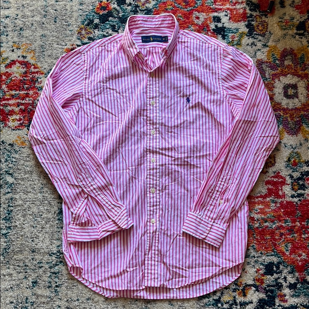 Polo by Ralph Lauren Men's Pink and White Striped Shirt